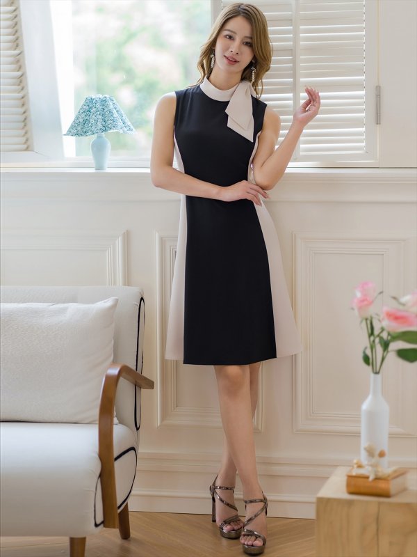 ブラックｘベージュ　モデル：Aoli　身長：162cm　着用サイズ：7号(Sサイズ)