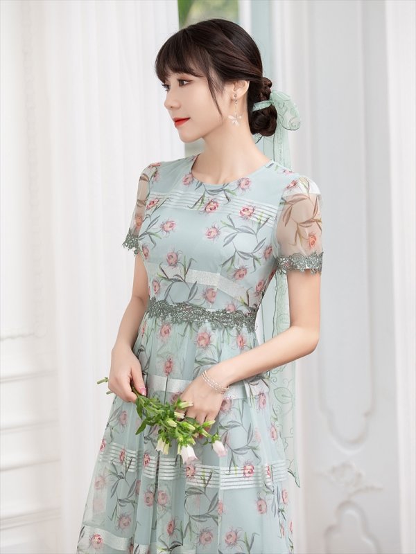 画像11: 【GINZA COUTURE/銀座クチュール】フラワープリント/ 半袖/ 袖あり/ Aライン/ フレア/ ミモレ丈/ ワンピース/ ミディアムドレス/ キャバドレス[OF2] (11)