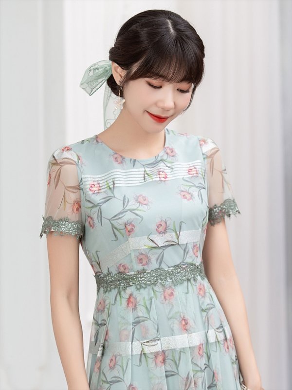 画像14: 【GINZA COUTURE/銀座クチュール】フラワープリント/ 半袖/ 袖あり/ Aライン/ フレア/ ミモレ丈/ ワンピース/ ミディアムドレス/ キャバドレス[OF2] (14)