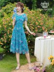 Lサイズあり【GINZA COUTURE/銀座クチュール】フラワープリント/ 袖あり/ 半袖/ チュール/ Aライン/ フレア/ ミモレ丈/ ワンピース/ ミディアムドレス/ キャバドレス　グリーン