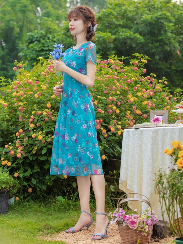 画像2: Lサイズあり 【GINZA COUTURE/銀座クチュール】フラワープリント/ 袖あり/ 半袖/ チュール/ Aライン/ フレア/ ミモレ丈/ ワンピース/ ミディアムドレス/ キャバドレス[OF2] (2)