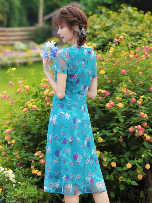 画像3: Lサイズあり 【GINZA COUTURE/銀座クチュール】フラワープリント/ 袖あり/ 半袖/ チュール/ Aライン/ フレア/ ミモレ丈/ ワンピース/ ミディアムドレス/ キャバドレス[OF2] (3)