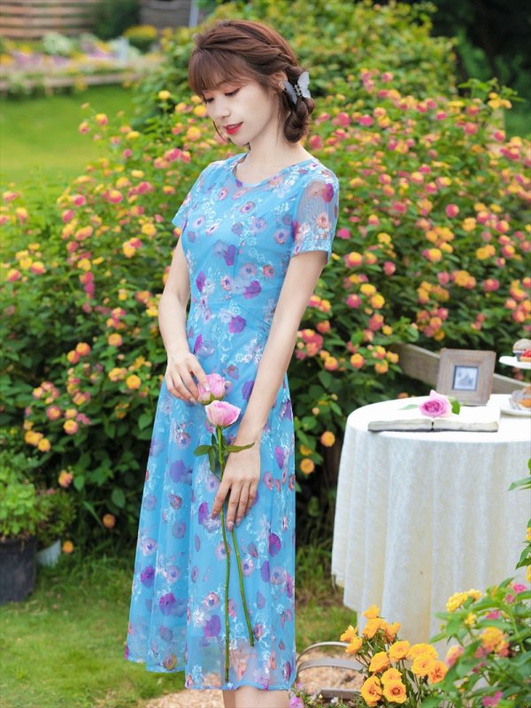 画像8: Lサイズあり 【GINZA COUTURE/銀座クチュール】フラワープリント/ 袖あり/ 半袖/ チュール/ Aライン/ フレア/ ミモレ丈/ ワンピース/ ミディアムドレス/ キャバドレス[OF2] (8)