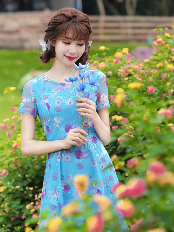 画像10: Lサイズあり 【GINZA COUTURE/銀座クチュール】フラワープリント/ 袖あり/ 半袖/ チュール/ Aライン/ フレア/ ミモレ丈/ ワンピース/ ミディアムドレス/ キャバドレス[OF2] (10)