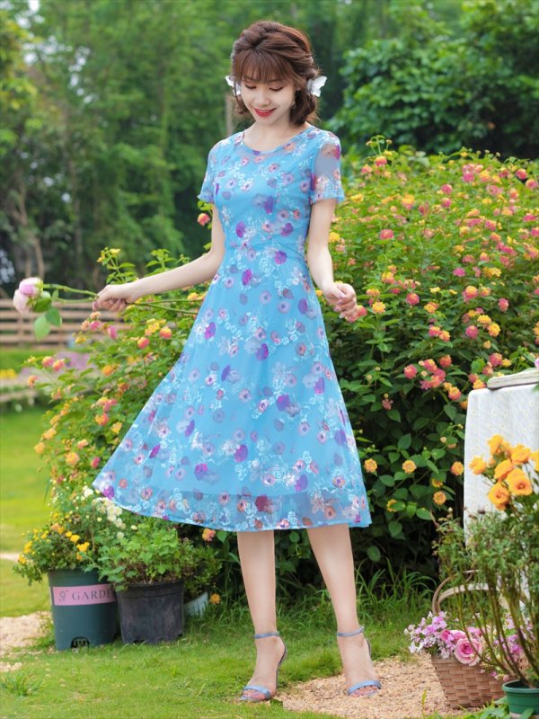 画像12: Lサイズあり 【GINZA COUTURE/銀座クチュール】フラワープリント/ 袖あり/ 半袖/ チュール/ Aライン/ フレア/ ミモレ丈/ ワンピース/ ミディアムドレス/ キャバドレス[OF2] (12)