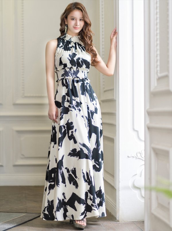 画像2: XS-Lサイズあり 【GINZA COUTURE/銀座クチュール】プリント/ ハイネック/ フリル/ ノースリーブ/ Aライン/ ロングドレス/ キャバドレスlong[OF2] (2)