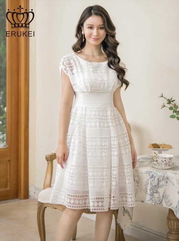 画像8: XSサイズあり【ERUKEI エルケイ】フレンチスリーブ/ ケミカルレース/ ボートネック/ Aライン/ フレア/ ワンピース/ ミディアムドレス/ キャバドレス[OF2] (8)