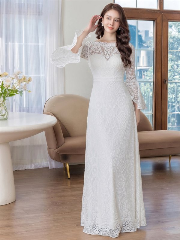 XS-Lサイズあり【ERUKEI エルケイ】ホワイト/ 総レース/ ベルスリーブ/ Aライン/ エレガント/ ロングドレス/ キャバドレス[OF2] ホワイト