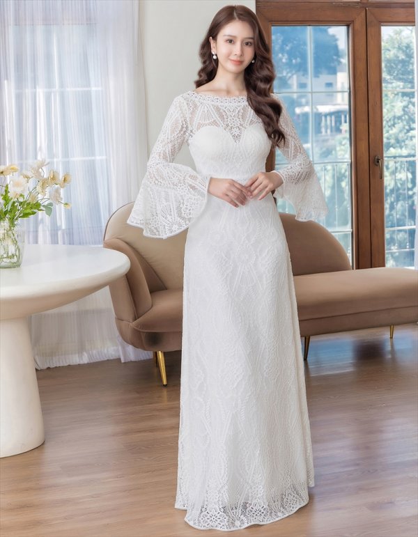 XS-Lサイズあり【ERUKEI エルケイ】ホワイト/ 総レース/ ベルスリーブ/ Aライン/ エレガント/ ロングドレス/ キャバドレス[OF2] ホワイト