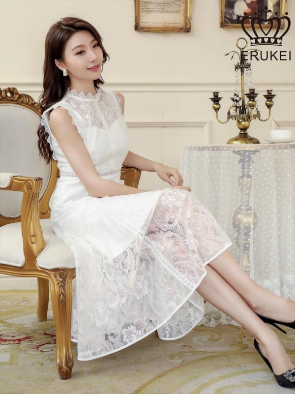 画像2: XS-Lサイズあり【ERUKEI エルケイ】フラワーレース/ Aライン/ ミモレ丈/ ノースリーブ/ ワンピース/ ミディアムドレス/ キャバドレス[OF2] (2)
