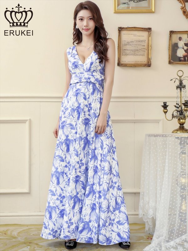 画像15: XS-Lサイズあり【ERUKEI エルケイ】ワンピース/ 花柄/ フラワープリント/ Vネック/ ノースリーブ/ ハイウエスト/ Aライン/ マキシ丈/ ロングドレス/ キャバドレスlong[OF2] (15)