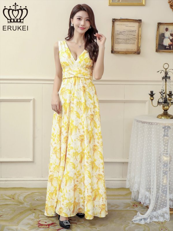 画像2: XS-Lサイズあり【ERUKEI エルケイ】ワンピース/ 花柄/ フラワープリント/ Vネック/ ノースリーブ/ ハイウエスト/ Aライン/ マキシ丈/ ロングドレス/ キャバドレスlong[OF2] (2)