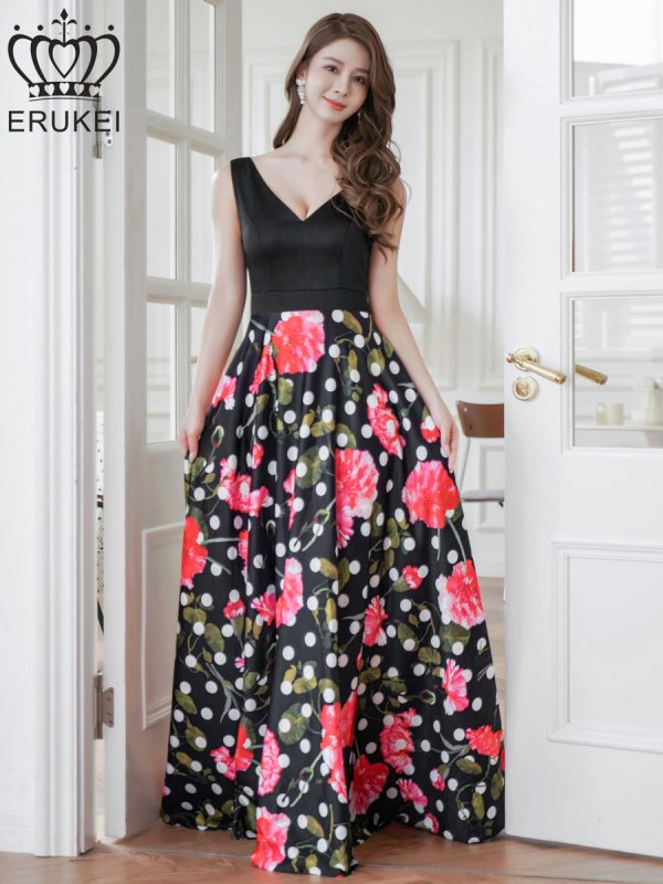 画像1: XS-Lサイズあり【ERUKEI エルケイ】ドットフラワープリント/ 切替デザイン/ノースリーブ/ Aライン/ ロングドレス / キャバドレス long[OF2] (1)