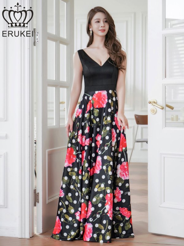 画像6: XS-Lサイズあり【ERUKEI エルケイ】ドットフラワープリント/ 切替デザイン/ノースリーブ/ Aライン/ ロングドレス / キャバドレス long[OF2] (6)