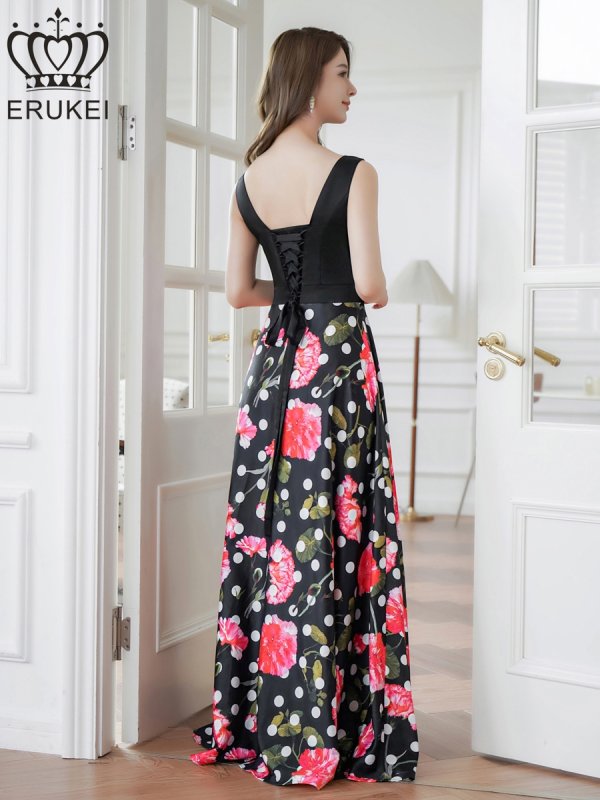 画像5: XS-Lサイズあり【ERUKEI エルケイ】ドットフラワープリント/ 切替デザイン/ノースリーブ/ Aライン/ ロングドレス / キャバドレス long[OF2] (5)