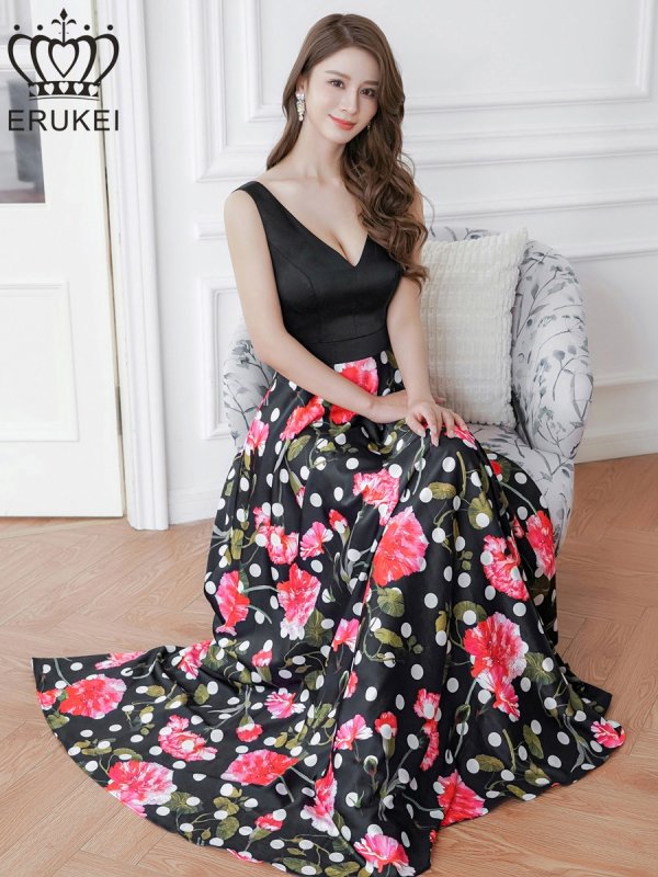 画像2: XS-Lサイズあり【ERUKEI エルケイ】ドットフラワープリント/ 切替デザイン/ノースリーブ/ Aライン/ ロングドレス / キャバドレス long[OF2] (2)