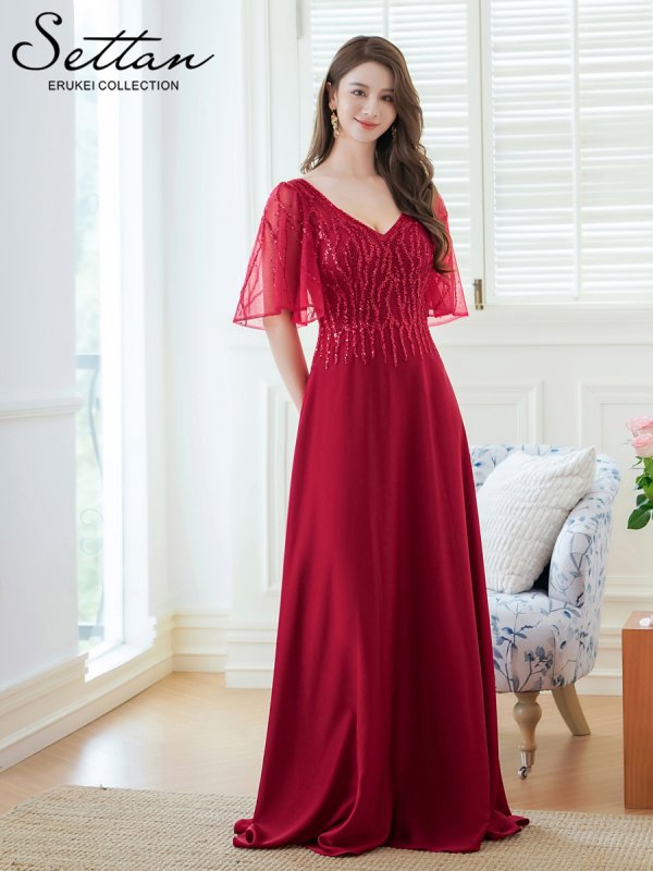 画像5: XS-Lサイズあり【SETTAN/セッタン】スパンコール/ ビーズ/ フレアスリーブ/ 半袖/ Vネック/ フレア/ Aライン/ ロングドレス / キャバドレス long[OF2] (5)