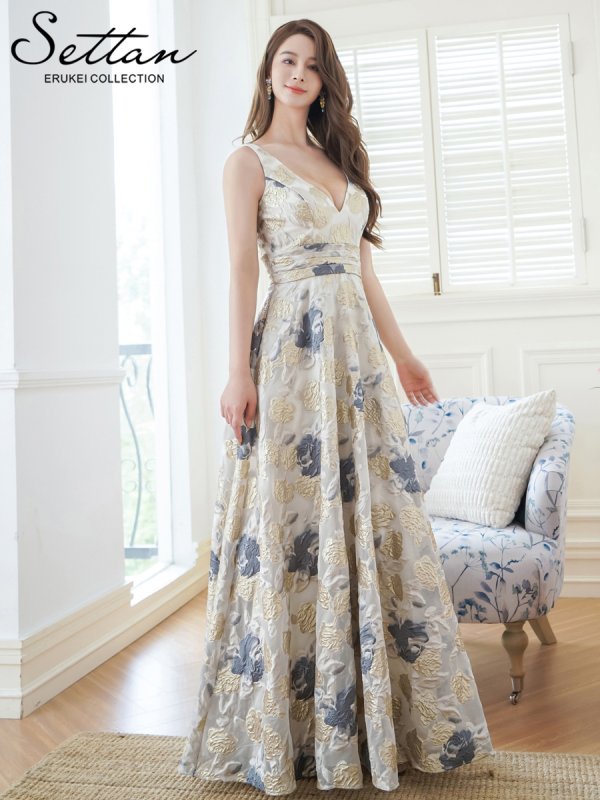 画像2: XS-Lサイズあり【SETTAN/セッタン】フラワープリント/ 刺繍/ Vネック/ ノースリーブ/ フレア/ Aライン/ ロングドレス / キャバドレス long[OF2] (2)