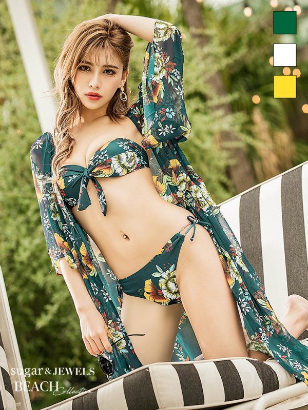 画像3: SALE！【水着小物：カーディガン】ボタニカルフラワーシフォンカーディガン/バンドゥビキニ[YMT] (3)