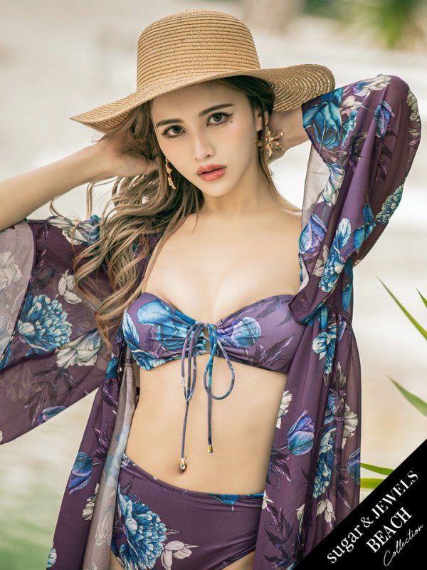 画像3: 【即日発送】【水着セール】【ビキニ】【水着】バンドゥハイウエストモーヴパープルフラワービキニ[YMT] (3)