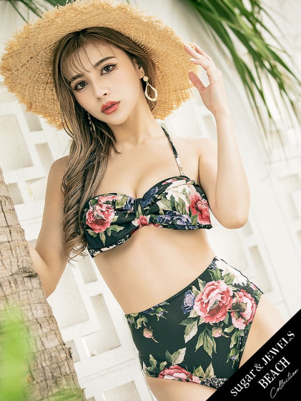 画像1: SALE！【ビキニ】【水着】フラワーホルターハイウエストビキニ[YMT] (1)