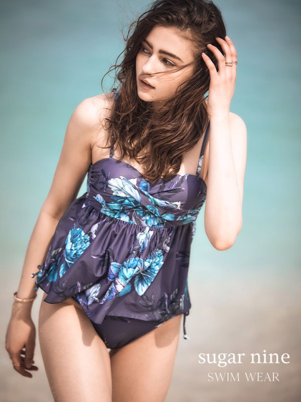 画像6: 【即日発送】SALE！【ビキニ】【水着】ペプラムフリル/ バンドゥ/ ハイウエスト/ モーヴパープルフラワービキニ [YMT] (6)