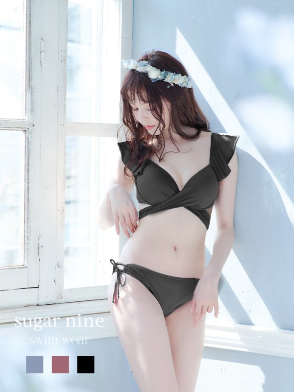 画像3: 【即日発送！】【ビキニ】【水着】ショルダーフリルクロスビキニ/無地/シンプル[YMT] (3)