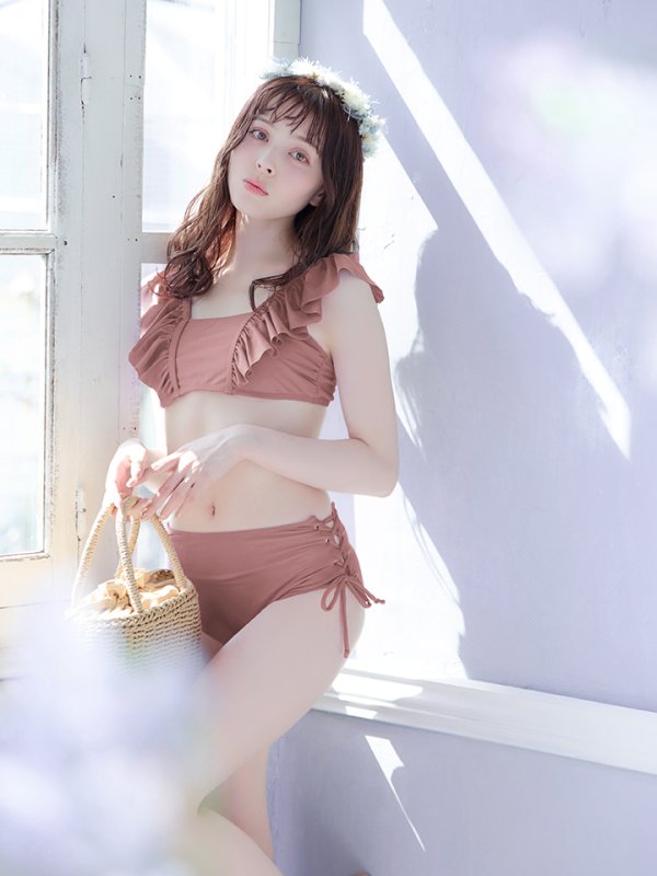 画像2: 【即日発送】【水着セール】【ビキニ】【水着】フリルショルダービキニ/ハイウエスト/無地/シンプル[YMT] (2)