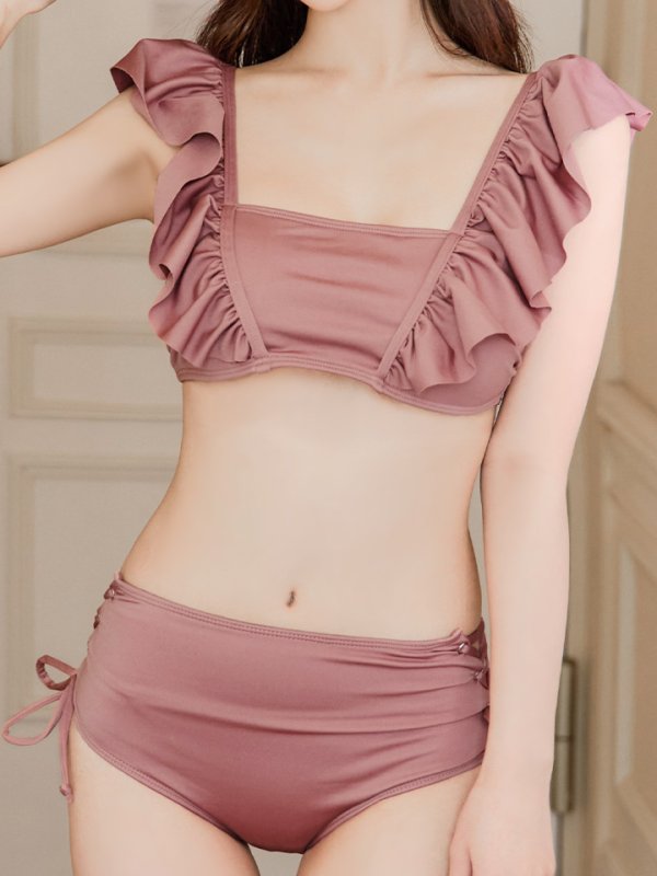 画像29: 【即日発送】【水着セール】【ビキニ】【水着】フリルショルダービキニ/ハイウエスト/無地/シンプル[YMT] (29)