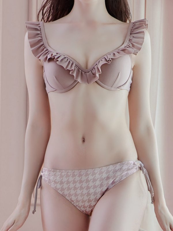 画像5: 【即日発送】【ビキニ】【水着】フリルカラー 千鳥格子柄 ビキニ 2点セット[YMT] (5)