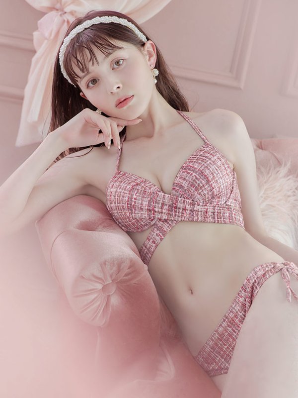 画像21: 【即日発送】【ビキニ】【水着】ツイードプリント バッククロスリボン クロスビキニ 2点セット[YMT] (21)