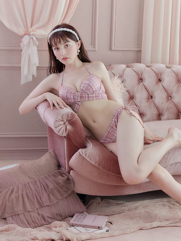 画像4: 【即日発送】【ビキニ】【水着】ツイードプリント バッククロスリボン クロスビキニ 2点セット[YMT](MG-SN003) (4)