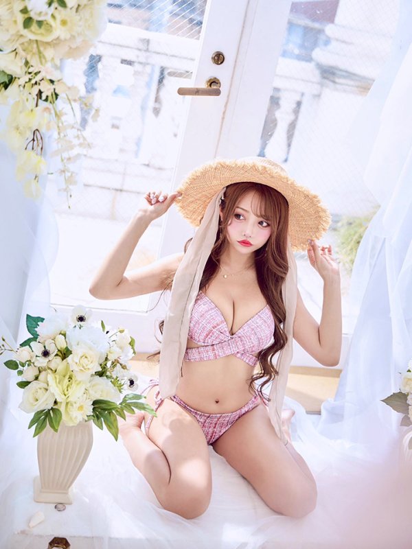 画像11: 【即日発送】【ビキニ】【水着】ツイードプリント バッククロスリボン クロスビキニ 2点セット[YMT] (11)