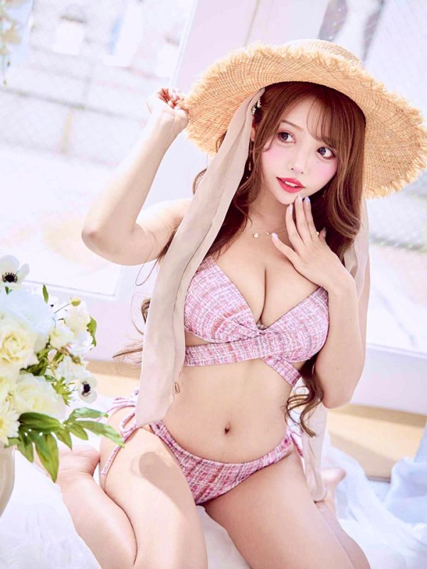 画像4: 【即日発送】【ビキニ】【水着】ツイードプリント バッククロスリボン クロスビキニ 2点セット[YMT] (4)