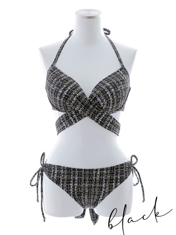 画像27: 【即日発送】【ビキニ】【水着】ツイードプリント バッククロスリボン クロスビキニ 2点セット[YMT] (27)
