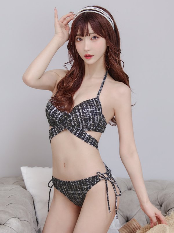 画像2: 【即日発送】【ビキニ】【水着】ツイードプリント バッククロスリボン クロスビキニ 2点セット[YMT] (2)