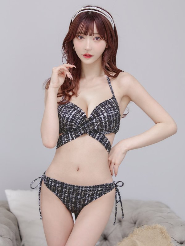 画像3: 【即日発送】【ビキニ】【水着】ツイードプリント バッククロスリボン クロスビキニ 2点セット[YMT] (3)