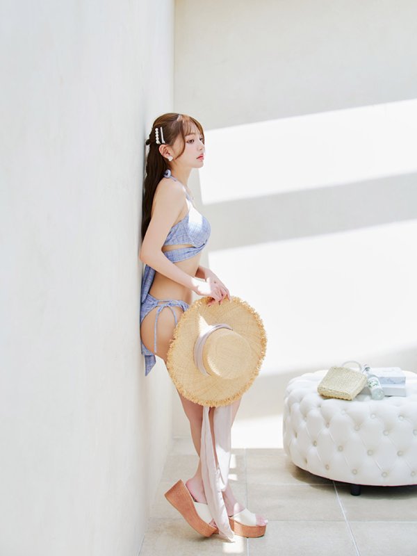 画像16: 【即日発送】【ビキニ】【水着】ツイードプリント バッククロスリボン クロスビキニ 2点セット[YMT] (16)