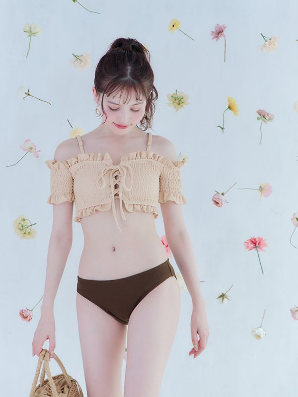 画像16: 【即日発送】【水着セール】【ビキニ】【水着】オフショルビキニ /無地/シャーリング/ニット/2点セット[YMT] (16)