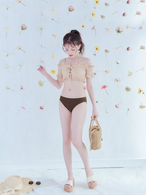 画像6: 【即日発送】【水着セール】【ビキニ】【水着】オフショルビキニ /無地/シャーリング/ニット/2点セット[YMT] (6)