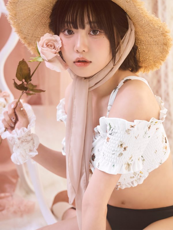 画像5: 【即日発送】【ビキニ】【水着】オフショルビキニ /花柄/シャーリング/ニット/2点セット[FB01] (5)