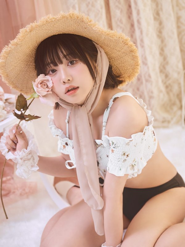 画像7: 【即日発送】【ビキニ】【水着】オフショルビキニ /花柄/シャーリング/ニット/2点セット[FB01] (7)