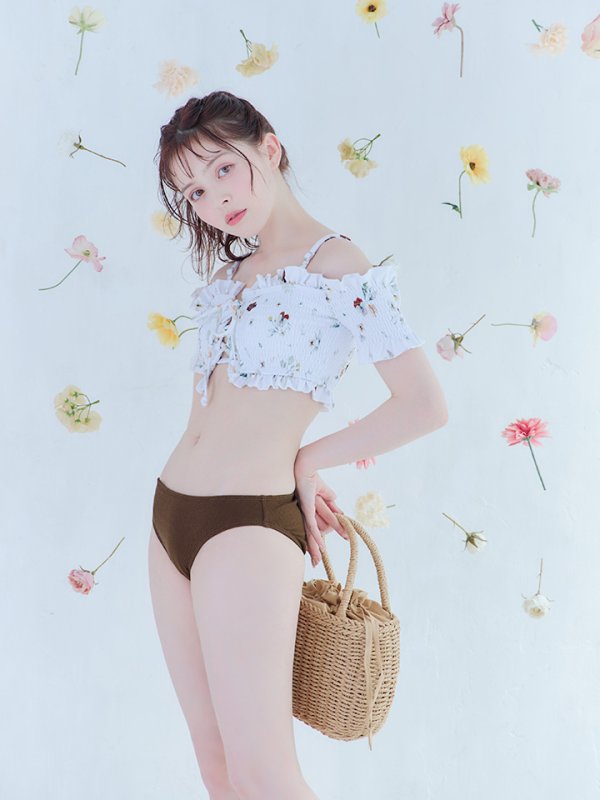 画像10: 【即日発送】【ビキニ】【水着】オフショルビキニ /花柄/シャーリング/ニット/2点セット[YMT] (10)