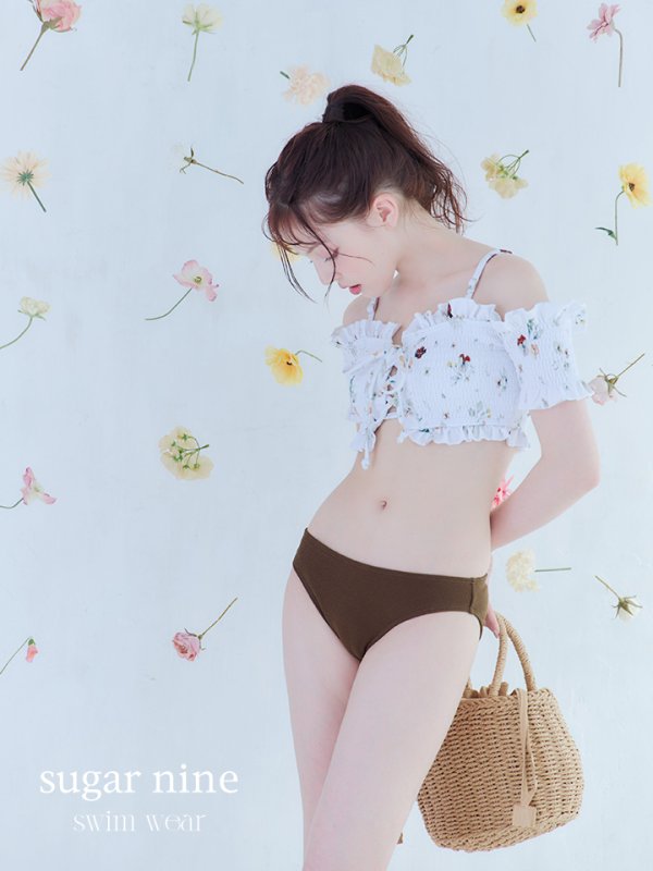 画像2: 【即日発送】【ビキニ】【水着】オフショルビキニ /花柄/シャーリング/ニット/2点セット[YMT] (2)