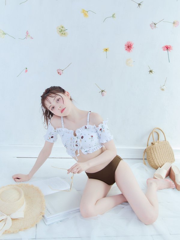 画像4: 【即日発送】【ビキニ】【水着】オフショルビキニ /花柄/シャーリング/ニット/2点セット[YMT] (4)