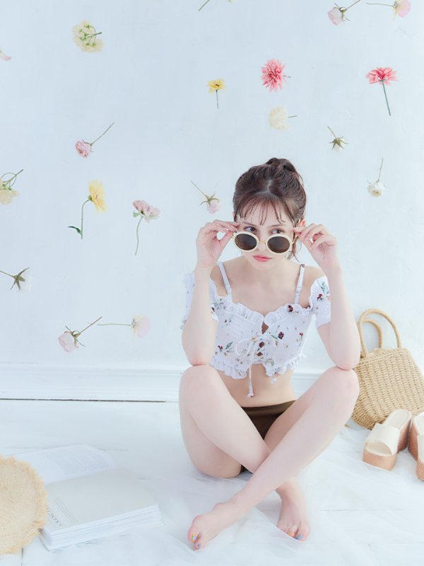 画像7: 【即日発送】【ビキニ】【水着】オフショルビキニ /花柄/シャーリング/ニット/2点セット[YMT] (7)