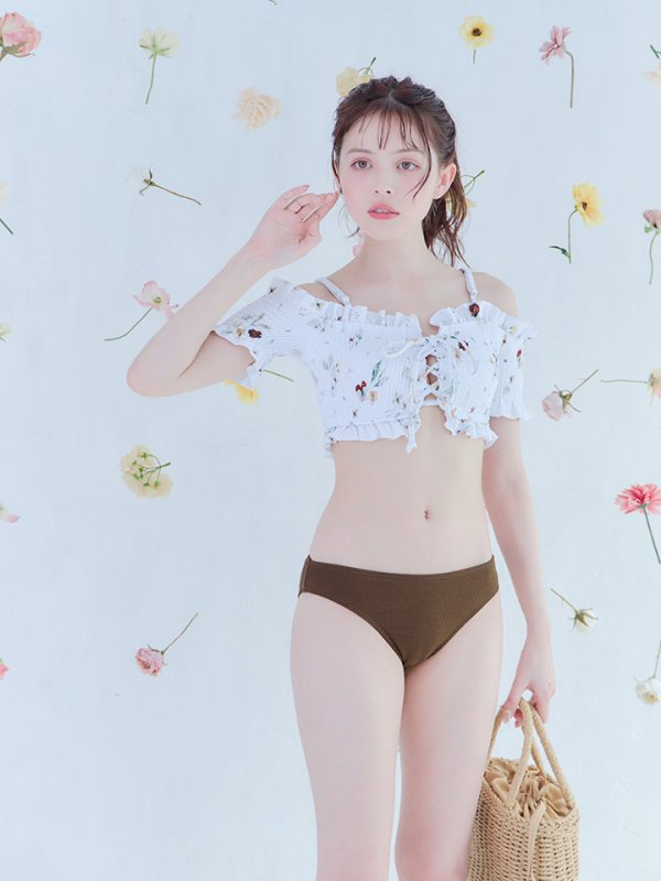 画像8: 【即日発送】【ビキニ】【水着】オフショルビキニ /花柄/シャーリング/ニット/2点セット[YMT] (8)