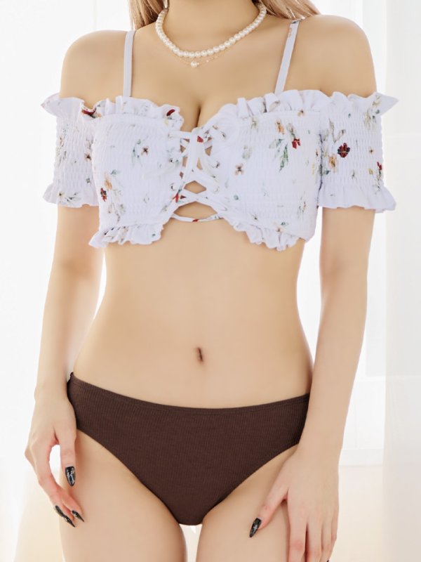 画像11: 【即日発送】【水着セール】【ビキニ】【水着】オフショルビキニ /花柄/シャーリング/ニット/2点セット[YMT] (11)