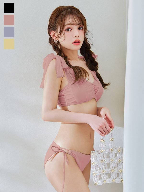 画像1: 【ビキニ】【水着】チュールリボン バストアップ ビキニ 2点セット[YMT]【一部予約 / 5月下旬-6月中旬発送予定】 (1)
