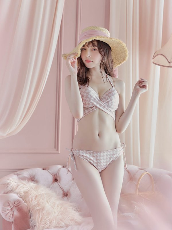 画像34: 【ビキニ】【水着】千鳥格子柄  バッククロスリボン クロスビキニ 2点セット[YMT] (34)